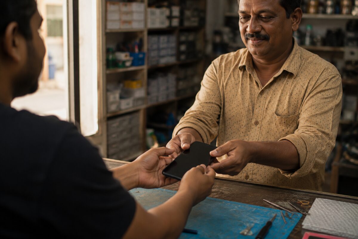 A repaired device being handed back to a customer