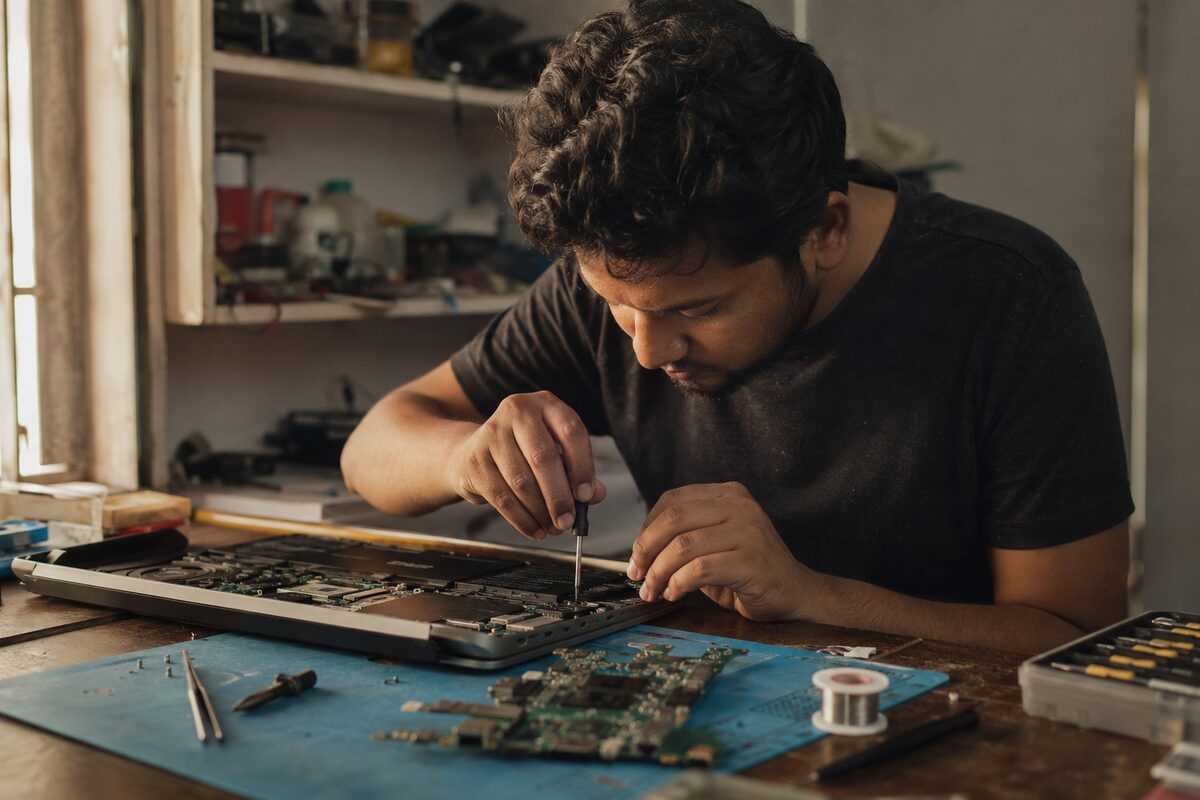 Technician working at a repair bench with a device and tools